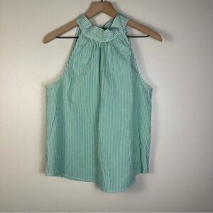 J. CREW Preppy Chic High Neck Tie Neck Poplin Strip Green Tank Top